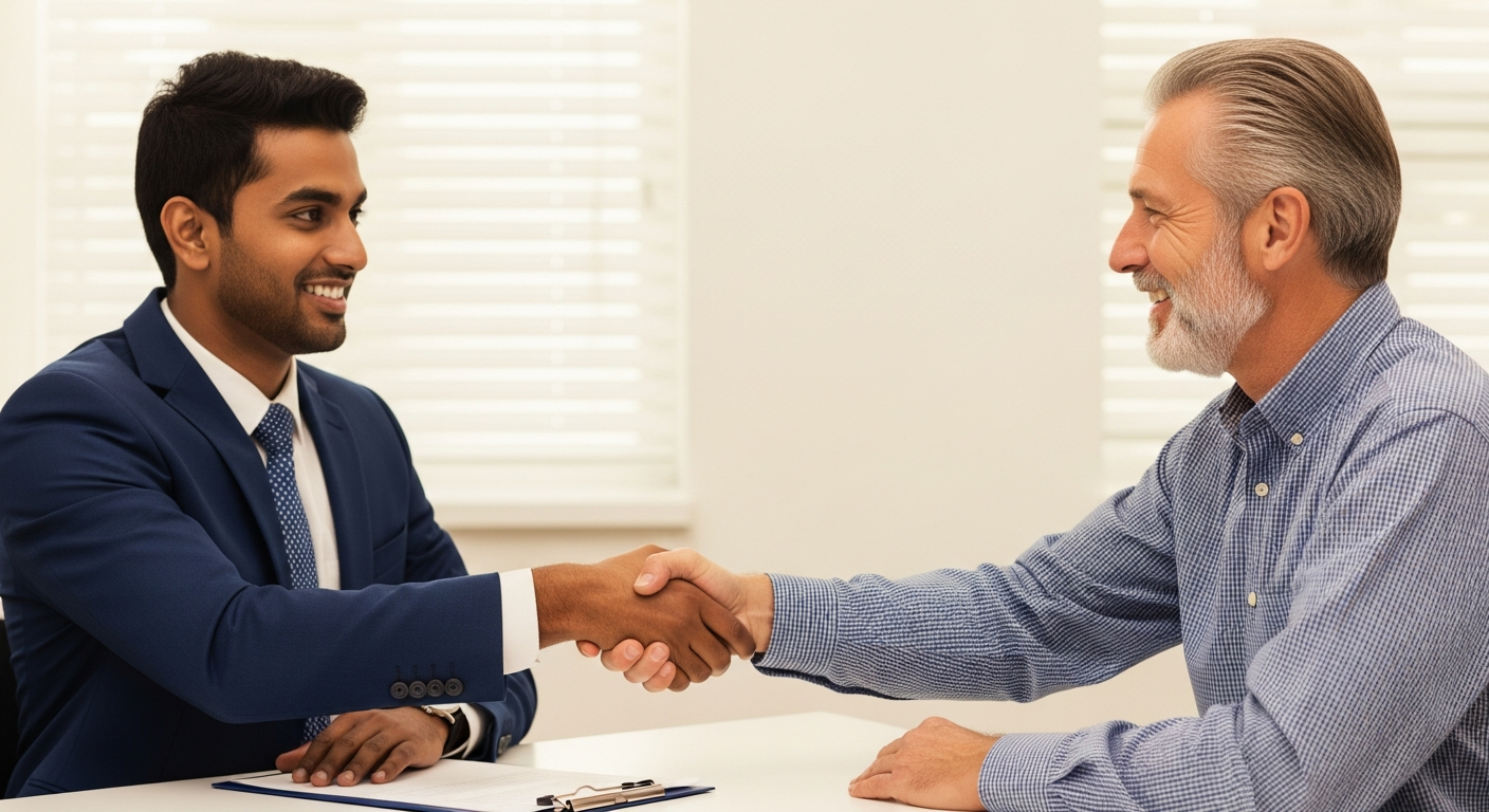 Insurance broker and satisfied client shaking hands