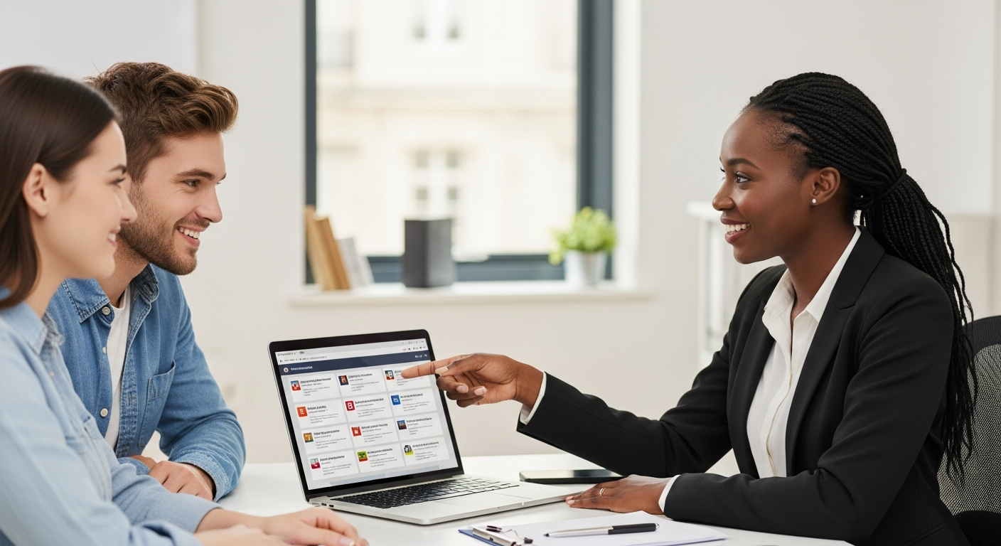 Insurance broker showing coverage options to clients on a laptop screen